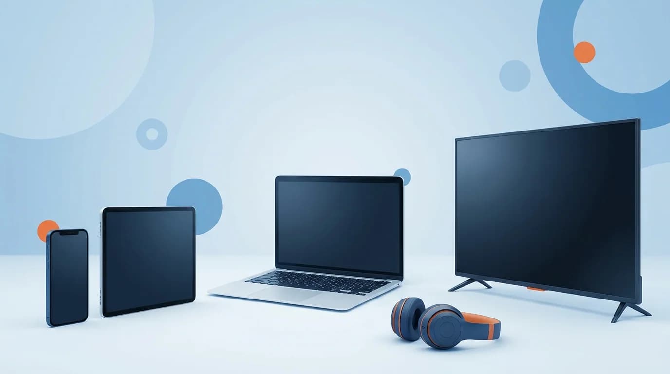 Portátil, móvil, tablet, televisor y auriculares en un estudio azul